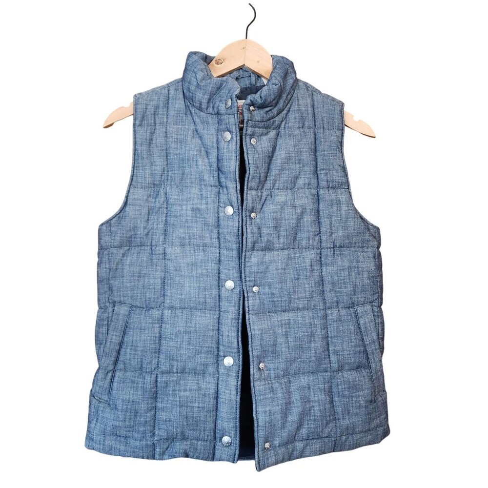 Levis Womens XS Quilted Blue Denim Vest Buffalo Plaid Lining Snap Front